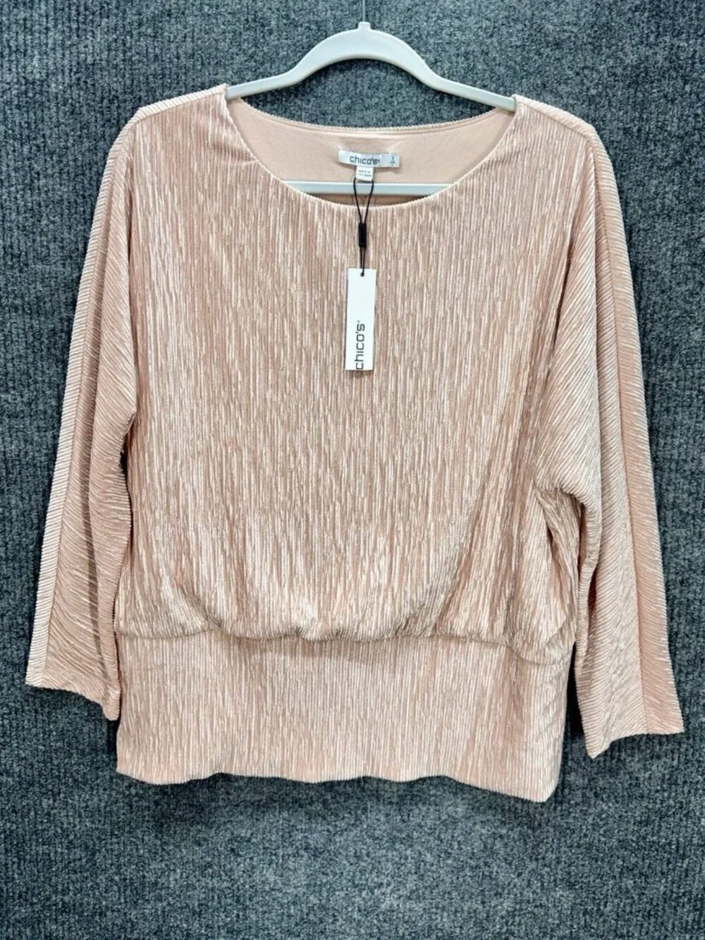 Chicos Velvet Crinkle Top Womens 2/Large Rose Pink Banded Bottom Long Sleeve NEW - Picture 1 of 12